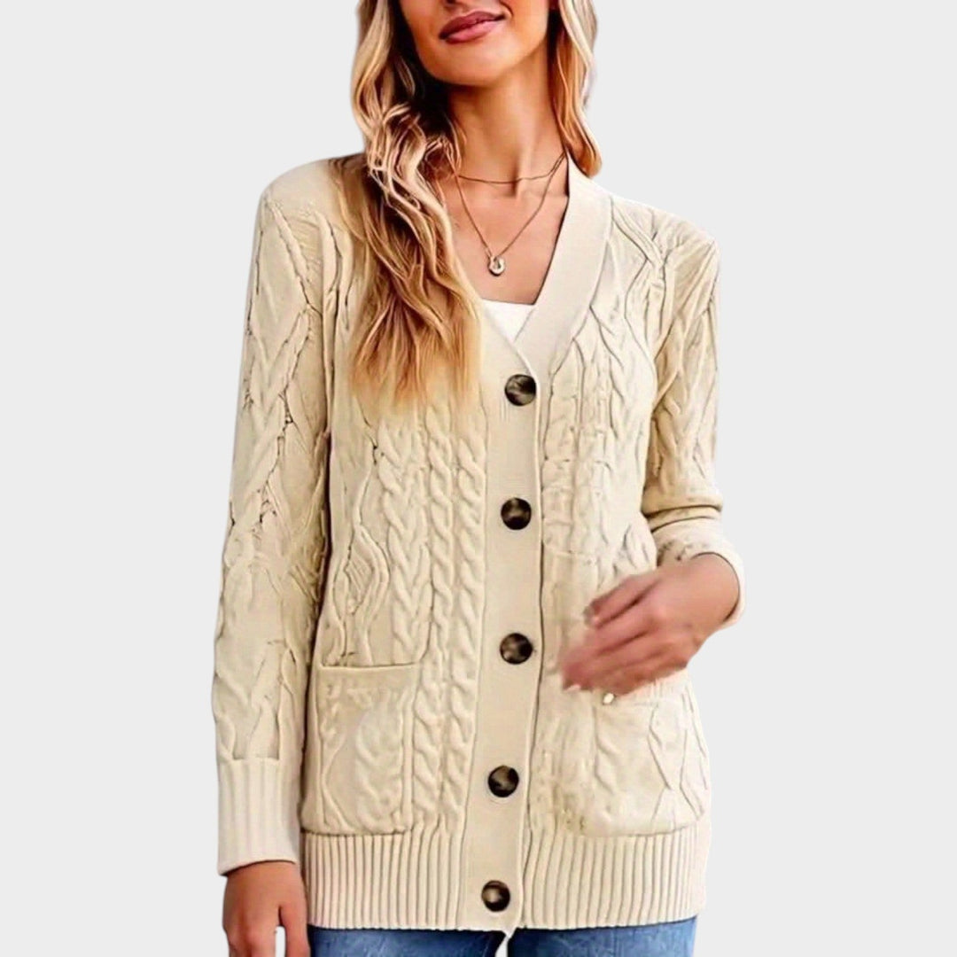 Women's Cable Knit Cardigan V Neck Button Front Mid Length