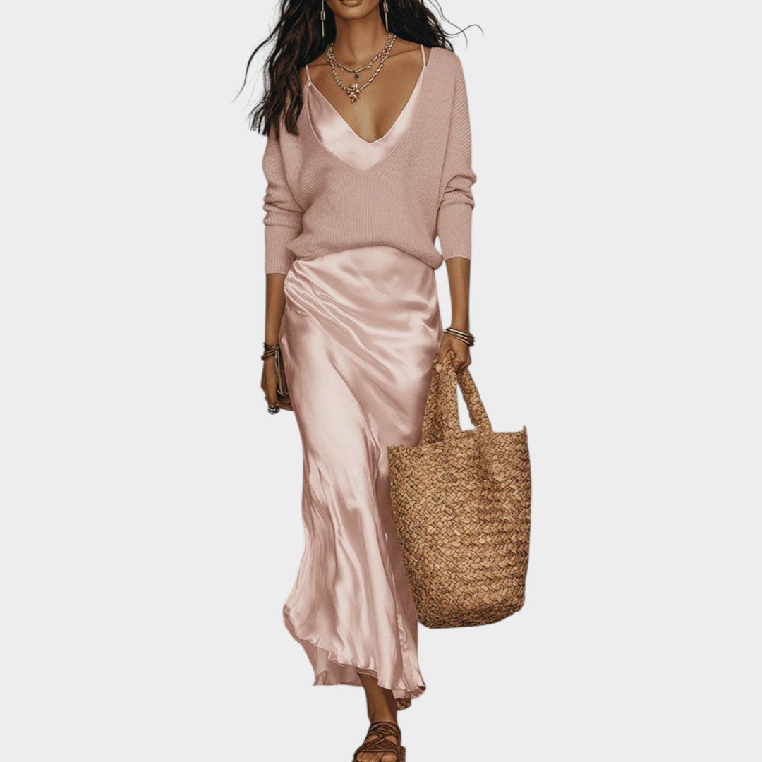 Sophisticated Knit and Satin Skirt Set