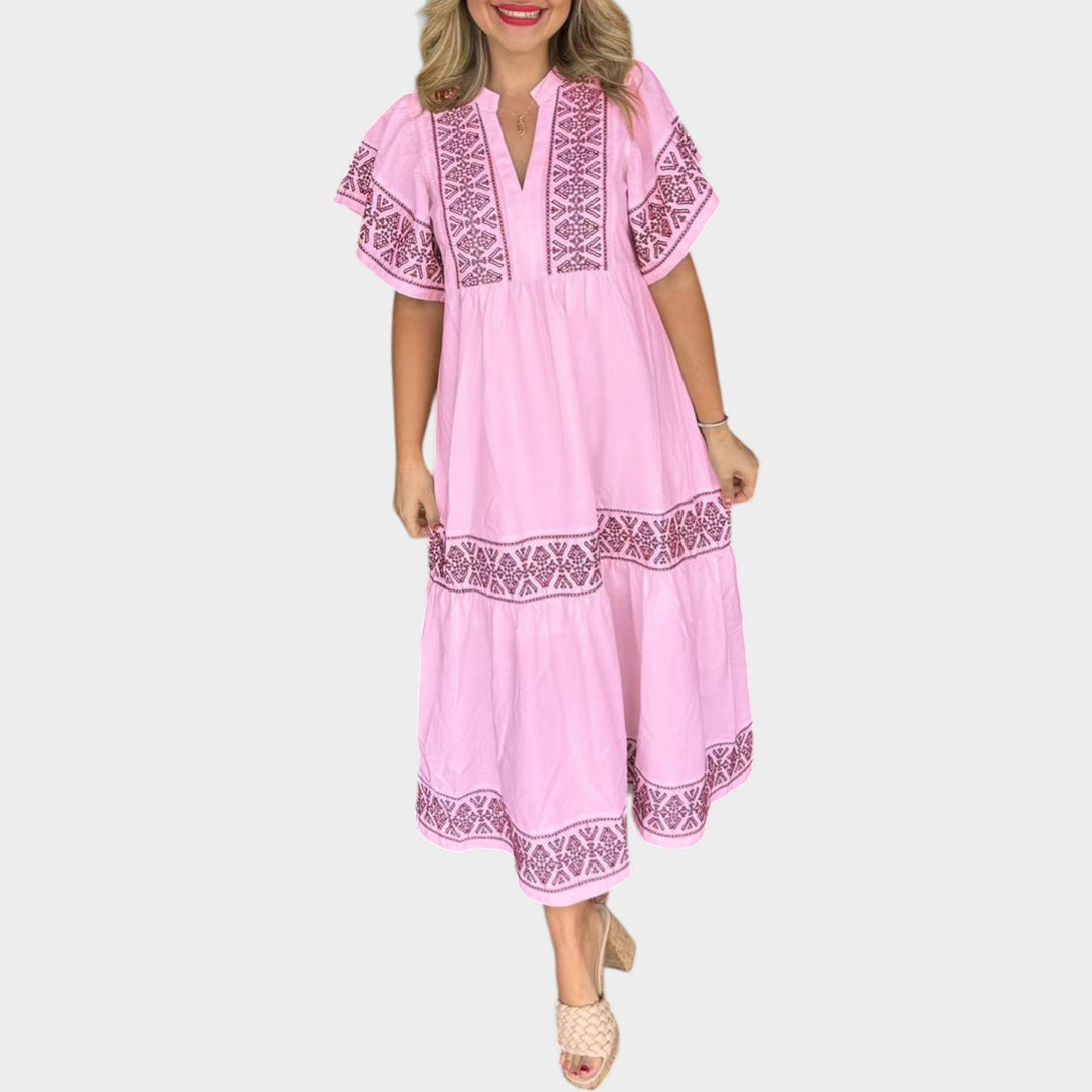 Boho Embroidered Tiered Midi Dress