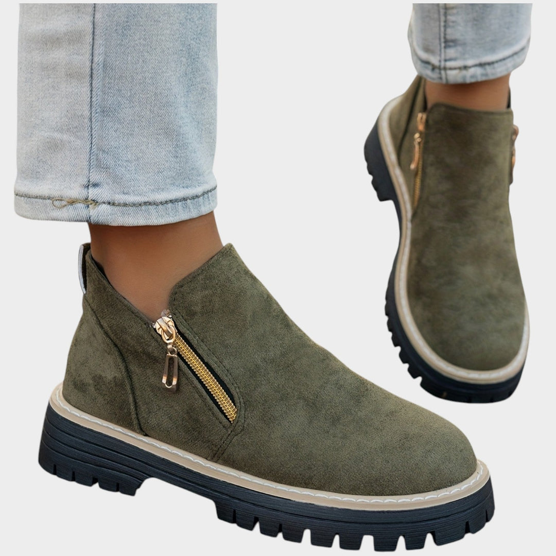 Women's Ankle Boots Double Zipper Thick Sole Solid Color