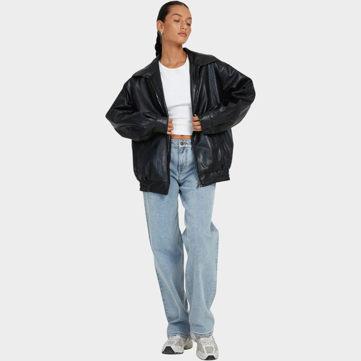 Women's Leather Jacket Bomber Oversized Zip-Up