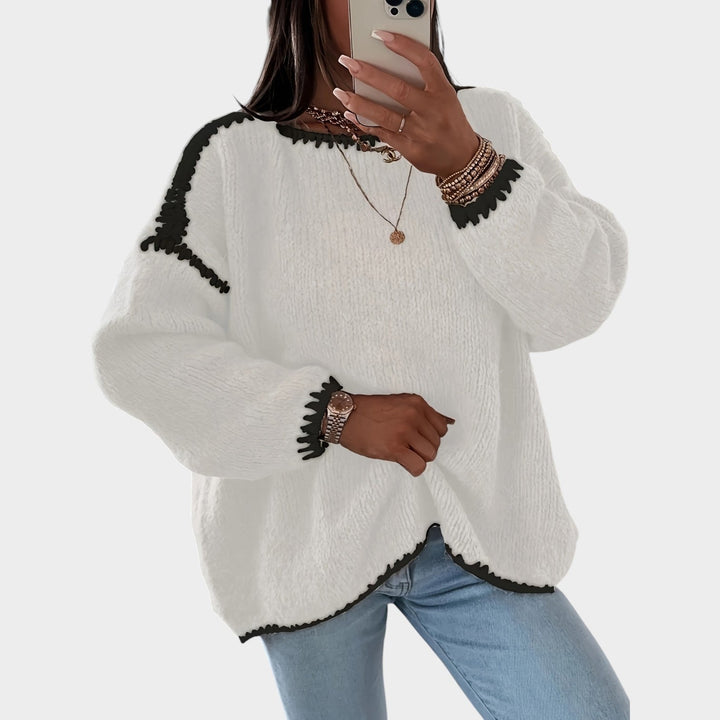 Women’s Knit Sweater Solid Contrast Boat Neck Loose Fit