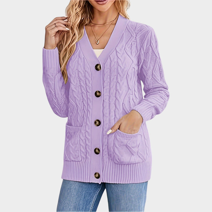 Women's Cable Knit Cardigan V Neck Button Front Mid Length