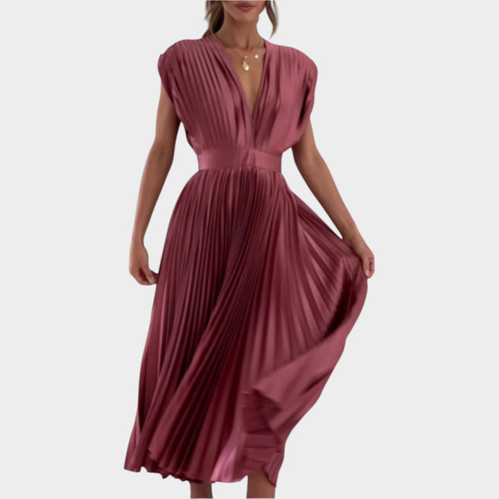 Pleated V-Neck Midi Dress