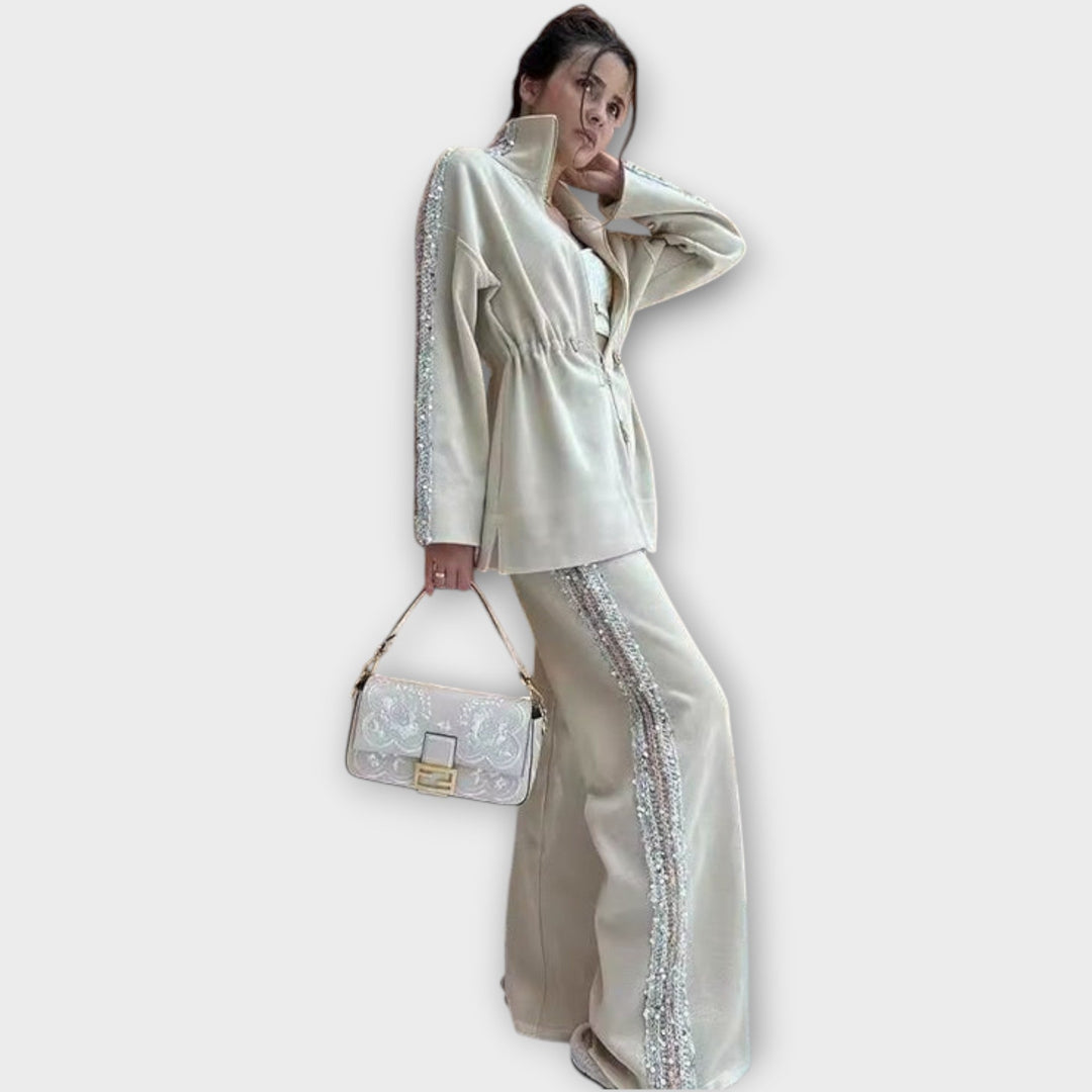 Elegant Sequin-Trim Tailored Set