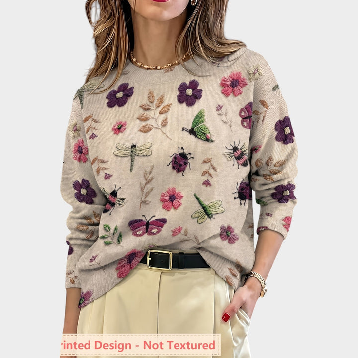 Women’s Knit Sweater Floral Print Crew Neck Long Sleeve