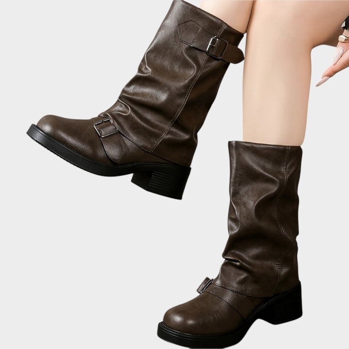 Women’s Slouch Boots Buckle Chunky Heel Thick Sole Pleated