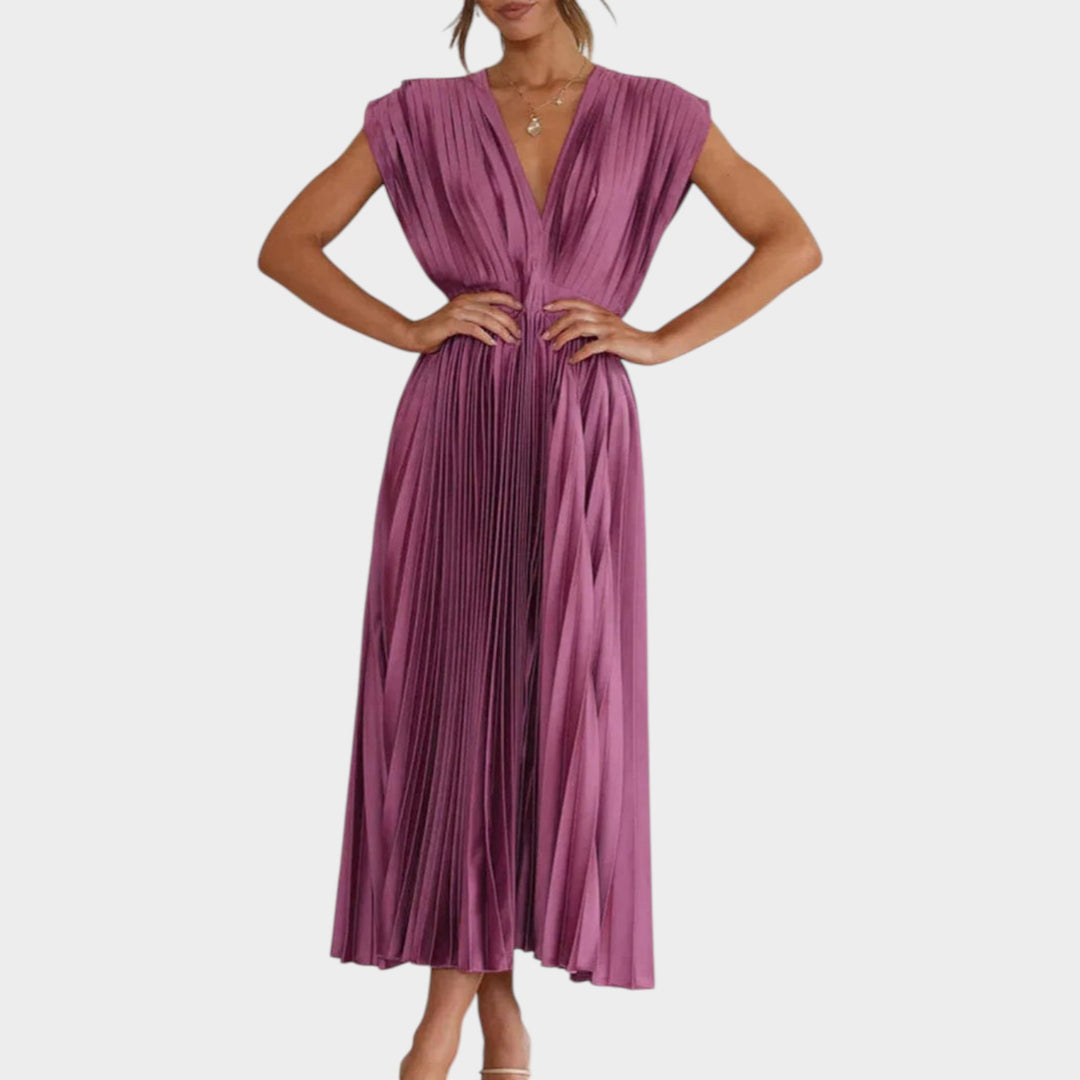 Pleated V-Neck Midi Dress