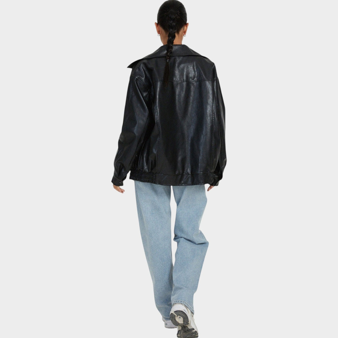 Women's Leather Jacket Bomber Oversized Zip-Up