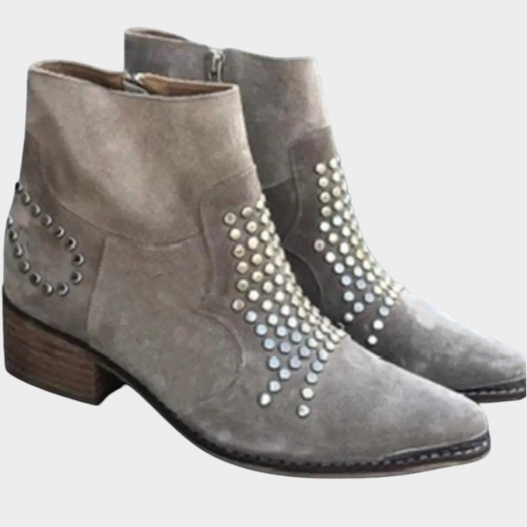 Women's Suede Ankle Boots Studded Block Heel Zip Closure