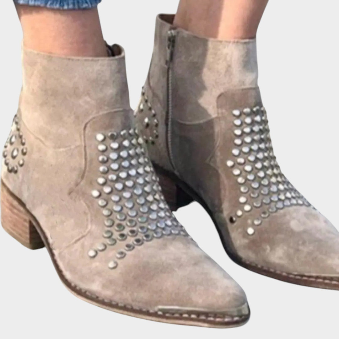 Women's Suede Ankle Boots Studded Block Heel Zip Closure
