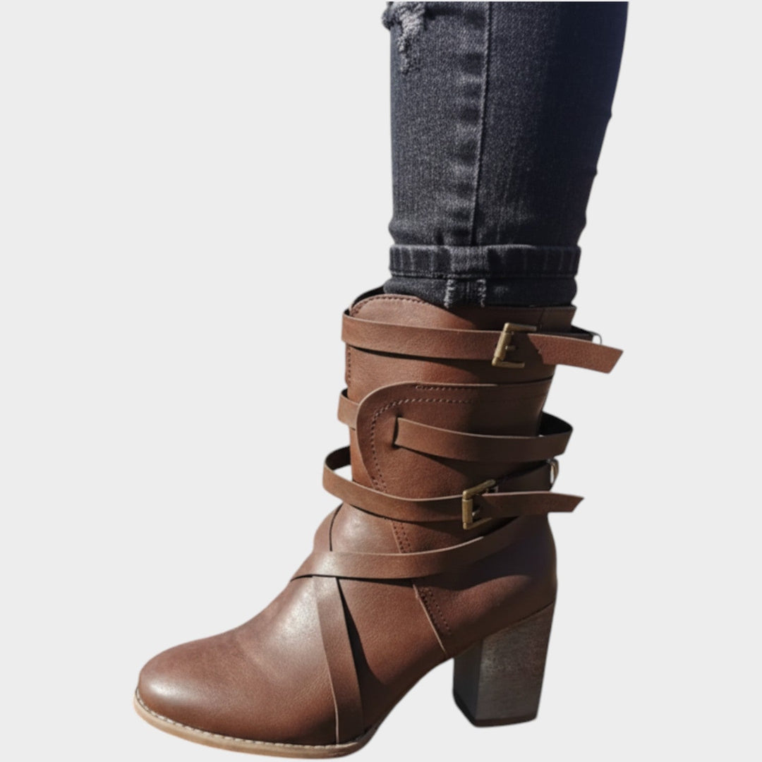 Women's Leather Ankle Boots Strappy Buckle Block Heel