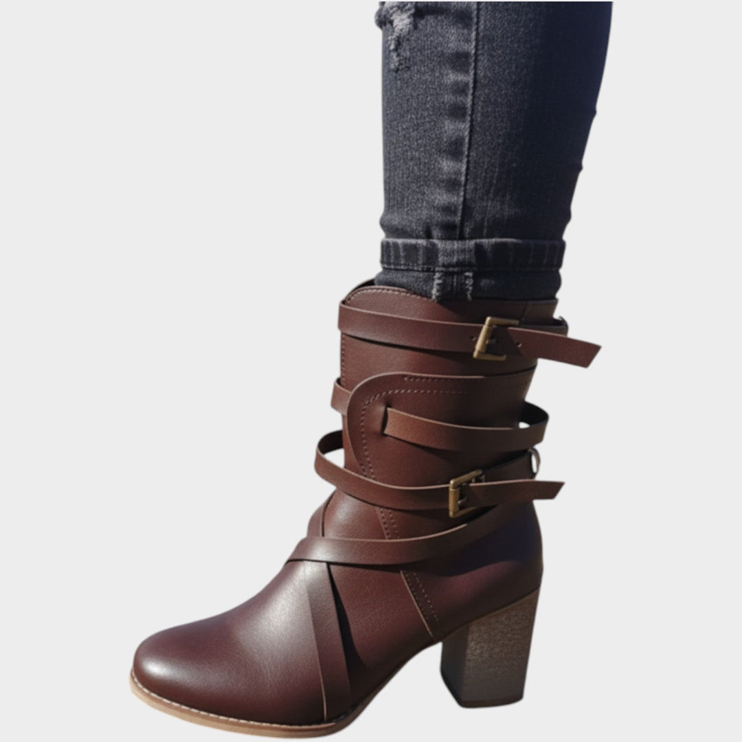 Women's Leather Ankle Boots Strappy Buckle Block Heel