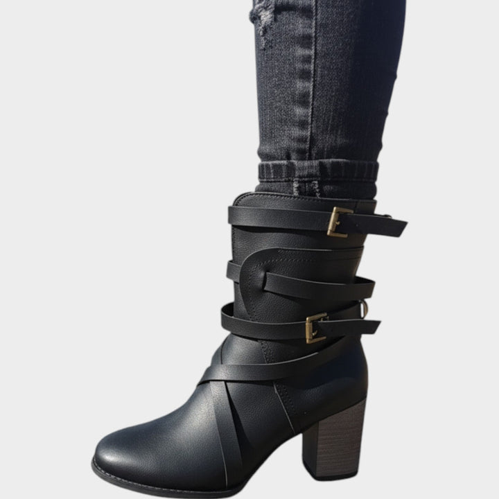 Women's Leather Ankle Boots Strappy Buckle Block Heel