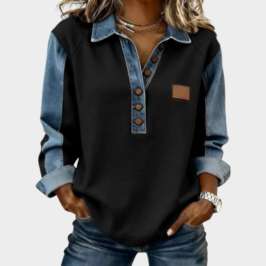 Women’s Polo Knit Sweater Button Detail Casual Fit Denim Trim