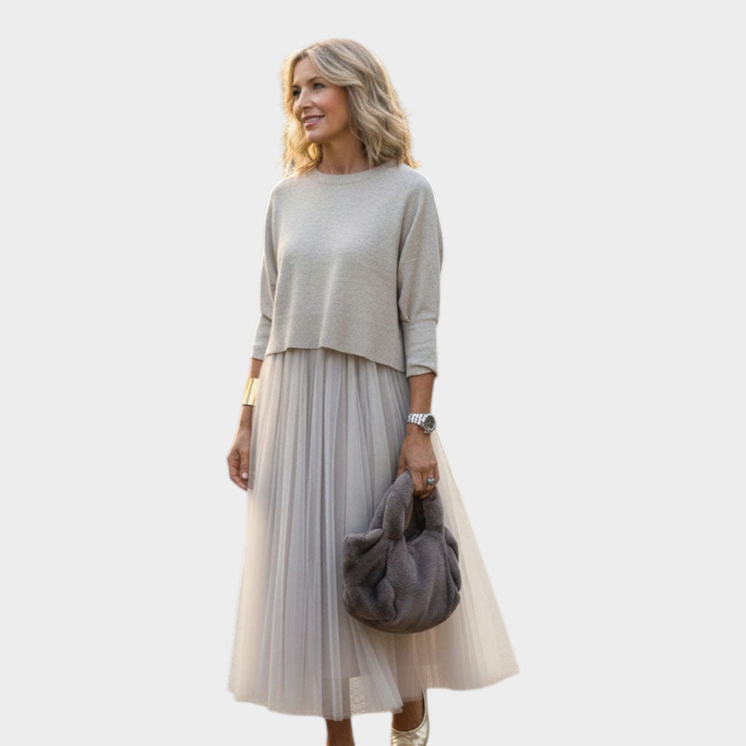 Elegant Layered Tulle Midi Dress Set