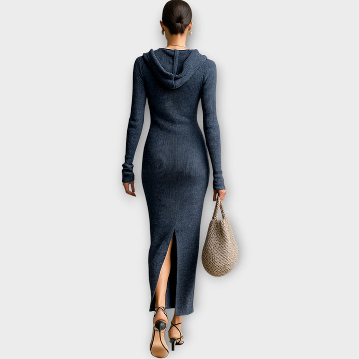 Buttoned Hooded Ribbed Maxi Dress