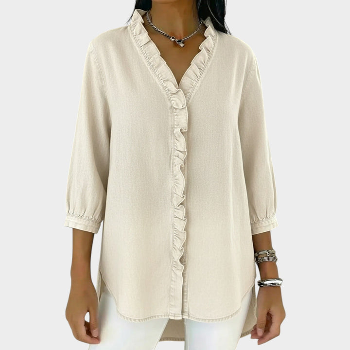 Ruffle Trim Button-Up Denim Blouse