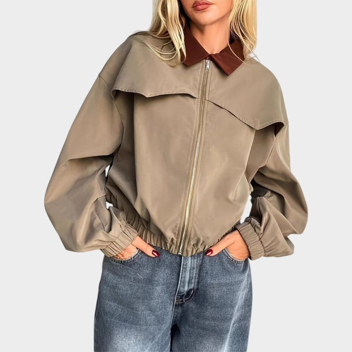 Women’s Casual Bomber Jacket Collar Ribbed Trim