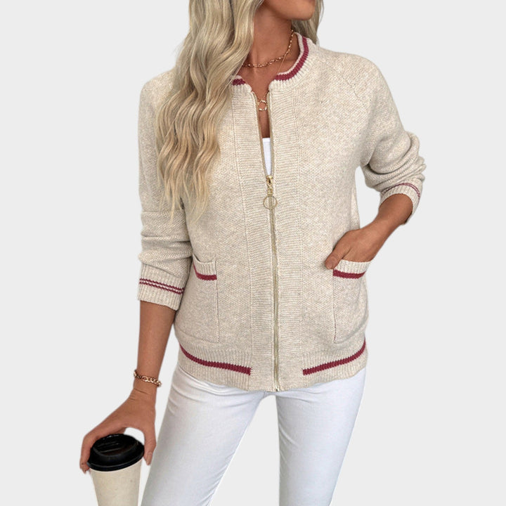 Women's Bomber Jacket Knit Casual Zip Up Striped Trim