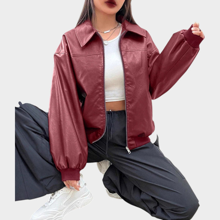 Women’s Leather Bomber Jacket Classic Collar Full Zip