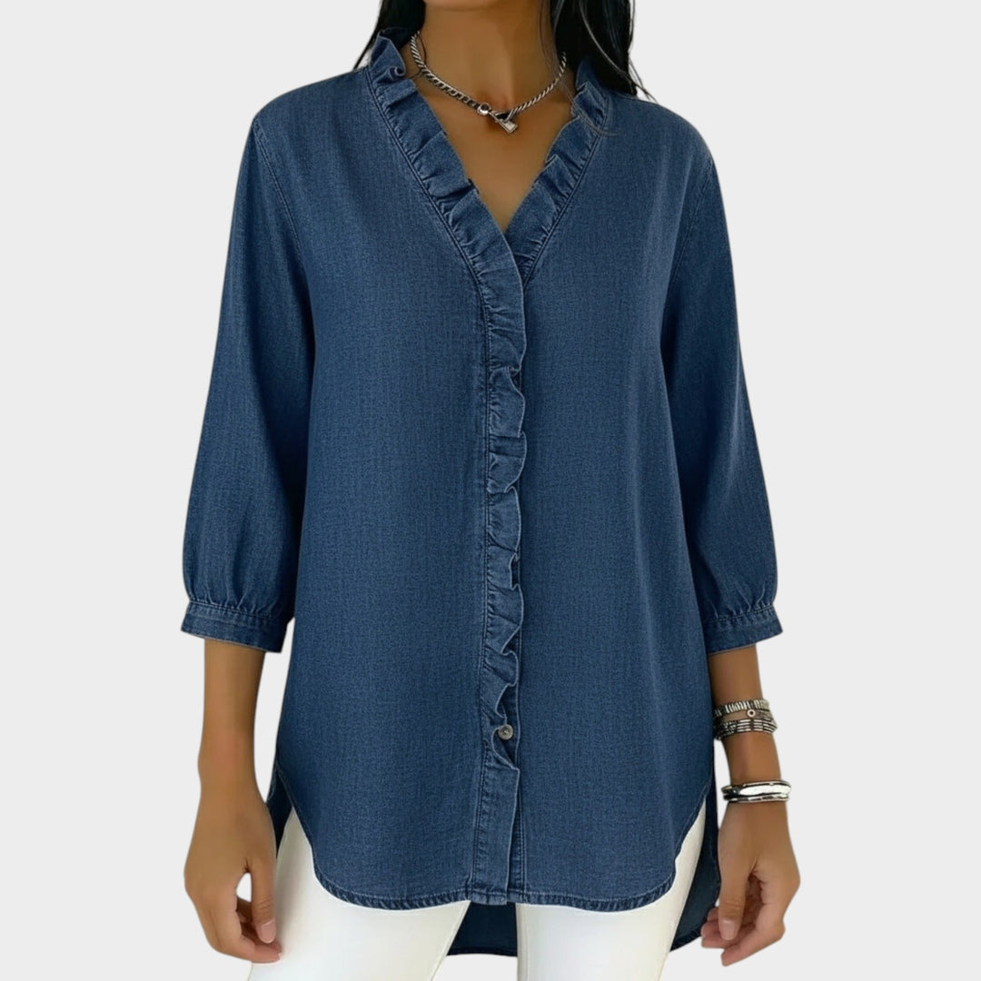 Ruffle Trim Button-Up Denim Blouse