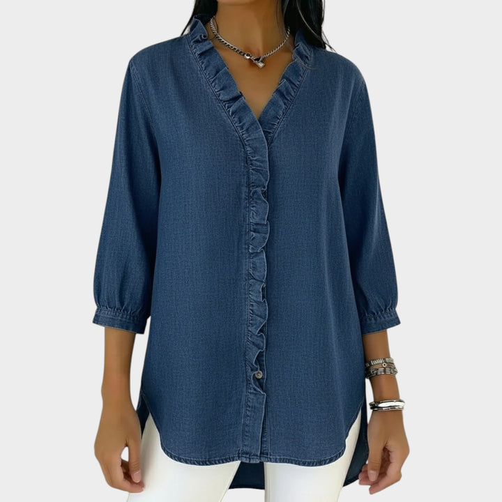 Ruffle Trim Button-Up Denim Blouse