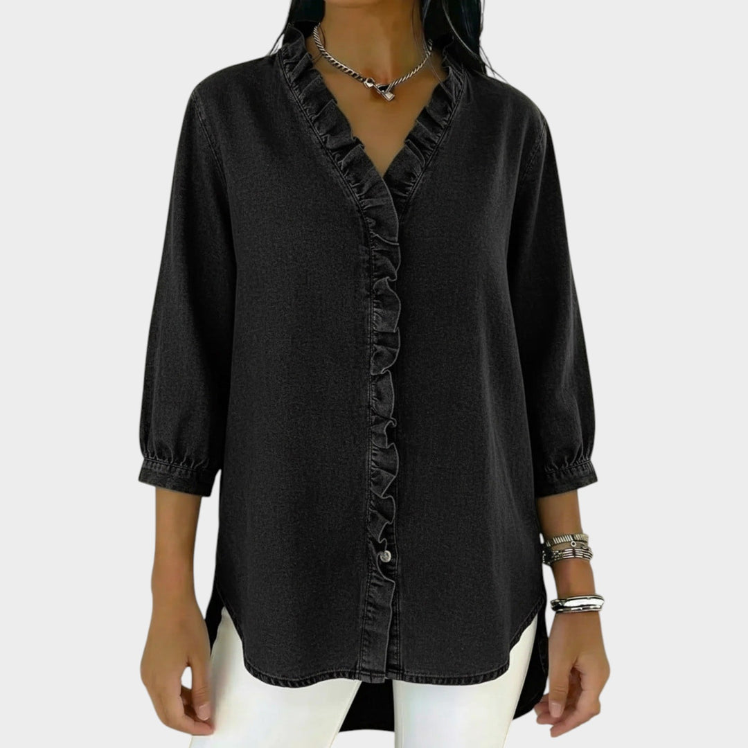 Ruffle Trim Button-Up Denim Blouse