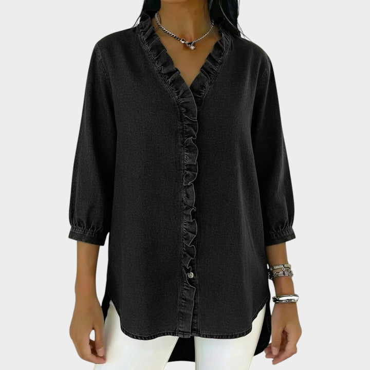 Ruffle Trim Button-Up Denim Blouse