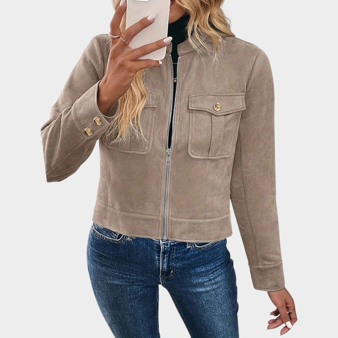 Women’s Suede Cropped Jacket with Zip-Front Closure