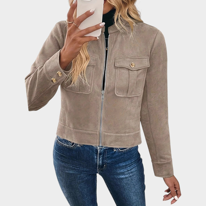 Women’s Suede Cropped Jacket with Zip-Front Closure