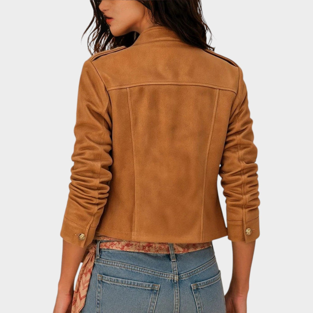 Women’s Suede Jacket Button Front Pocket Detail