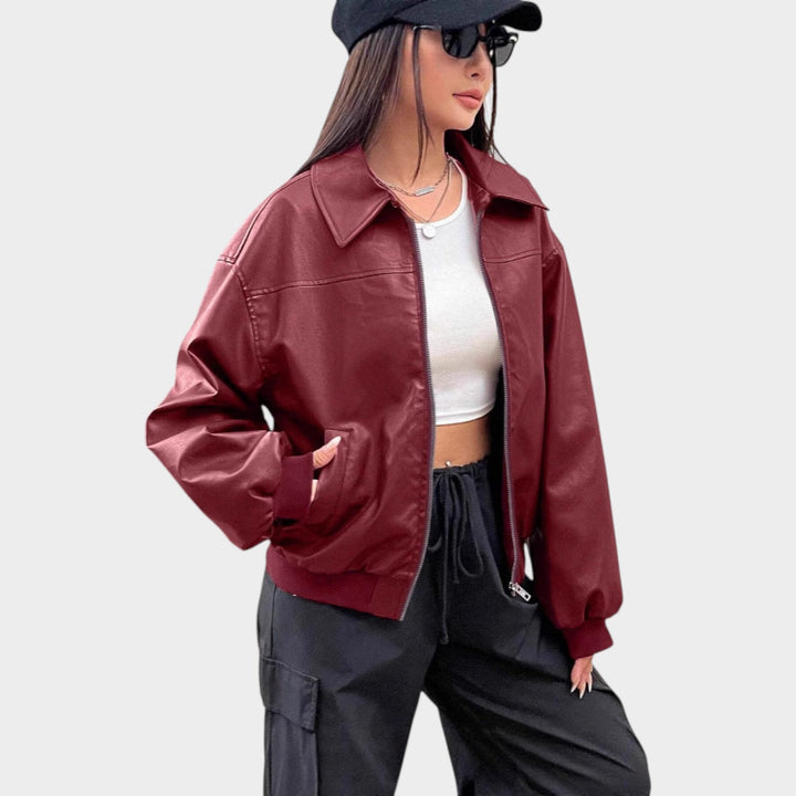 Women’s Leather Bomber Jacket Classic Collar Full Zip