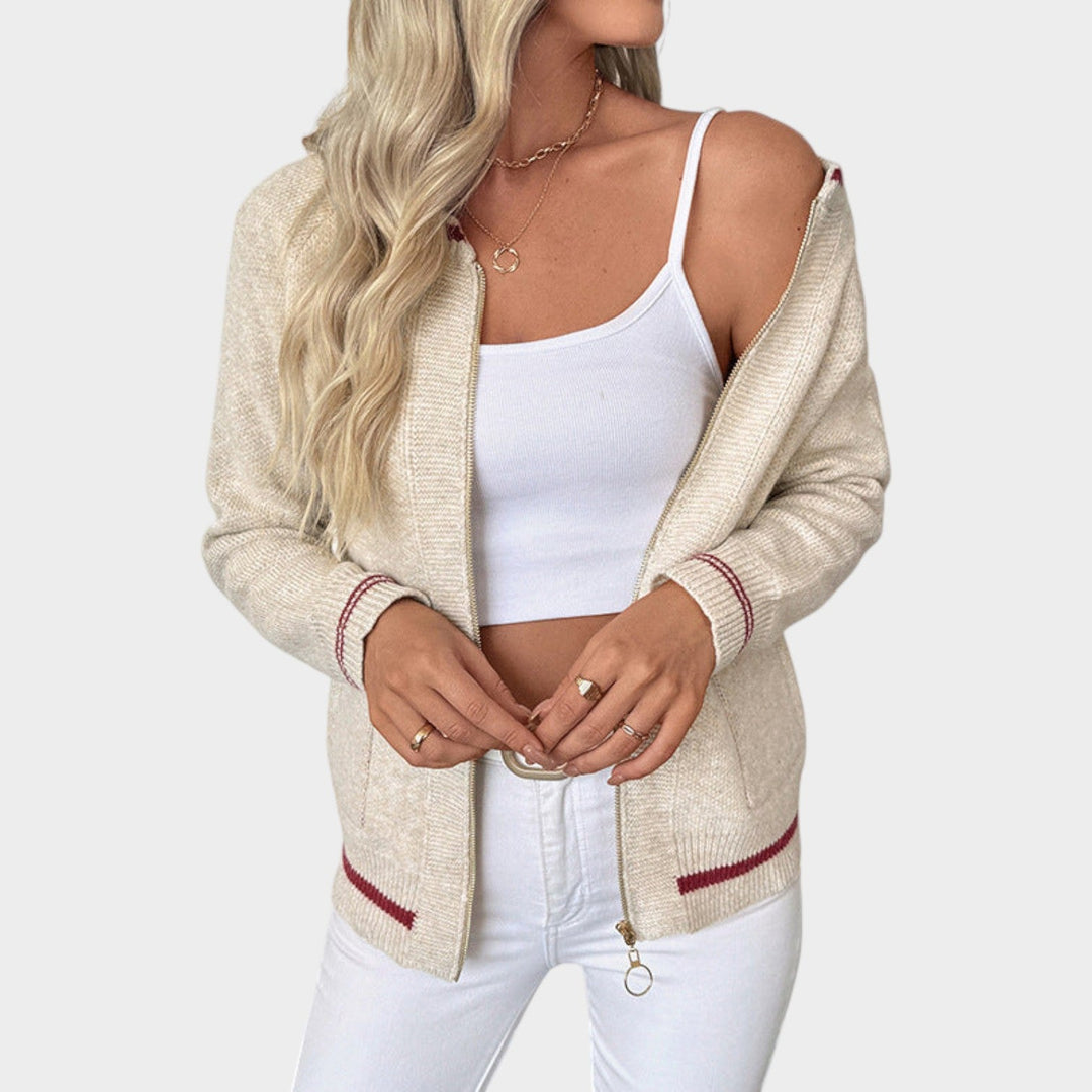 Women's Bomber Jacket Knit Casual Zip Up Striped Trim