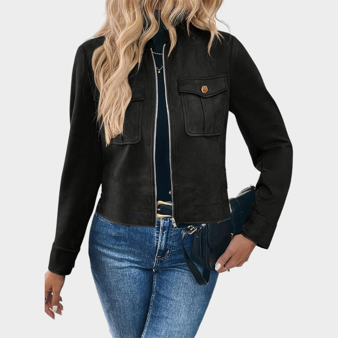 Women’s Suede Cropped Jacket with Zip-Front Closure