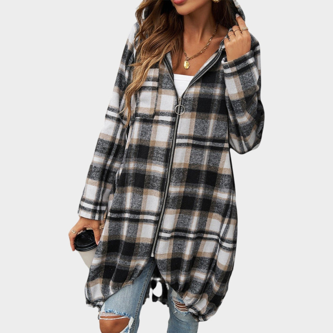 Women’s Plaid Coat Long Hooded Balloon Hem