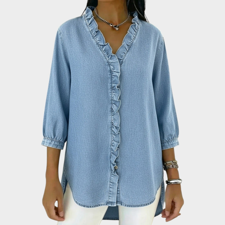 Ruffle Trim Button-Up Denim Blouse