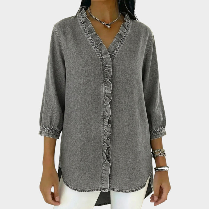 Ruffle Trim Button-Up Denim Blouse