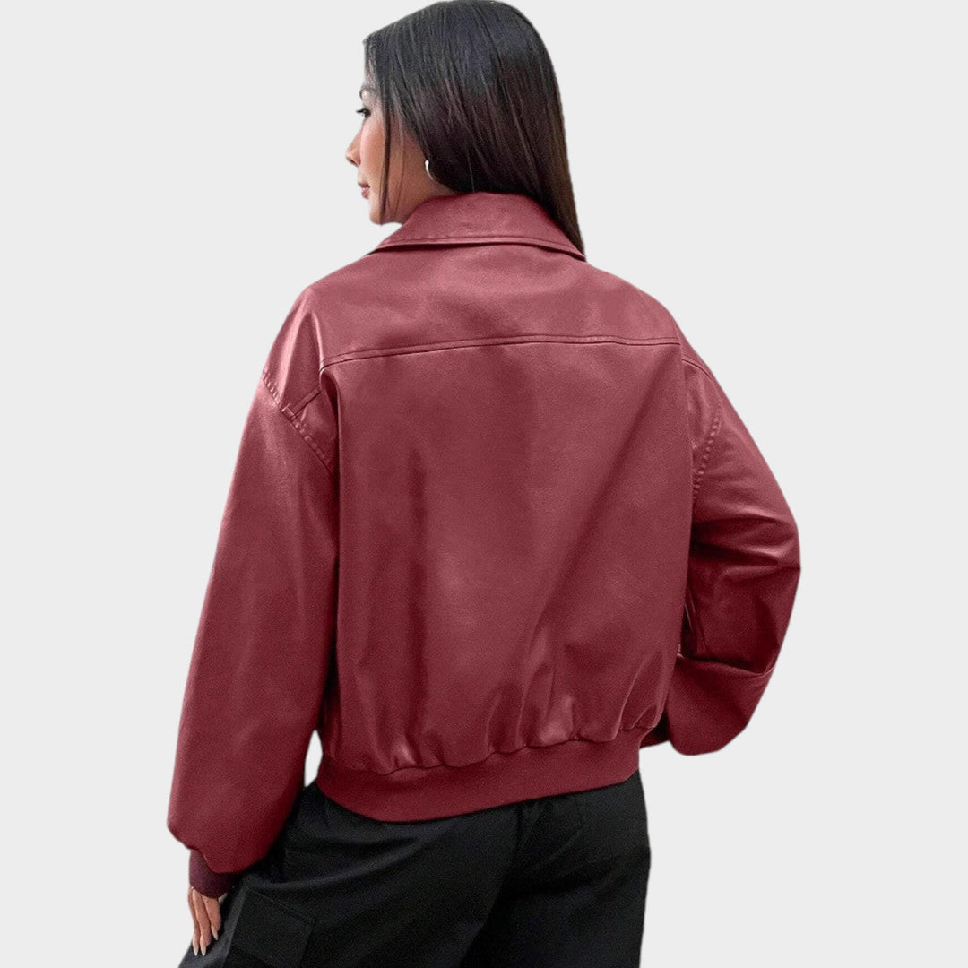 Women’s Leather Bomber Jacket Classic Collar Full Zip