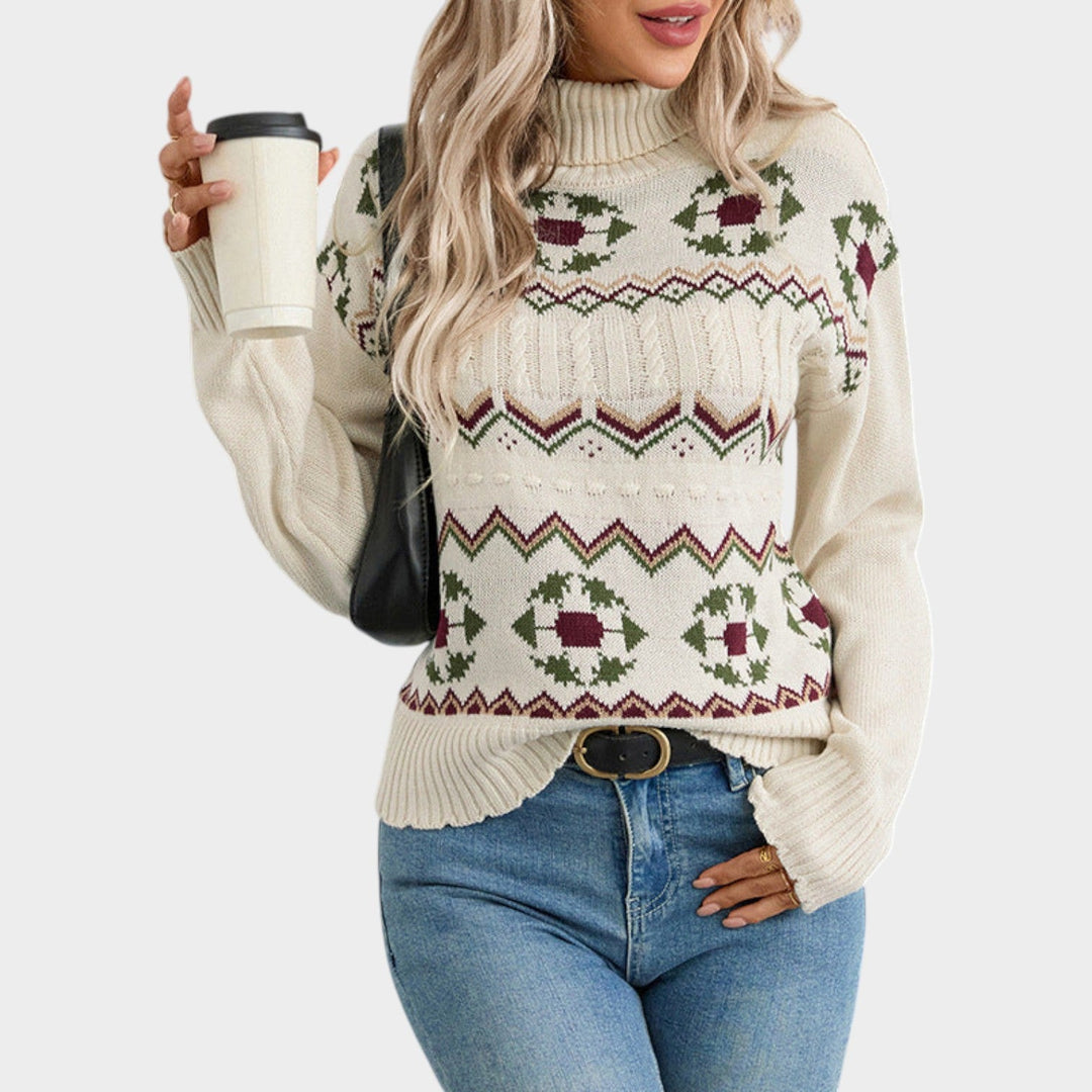 Women's Turtleneck Knit Sweater Fair Isle Long Sleeve