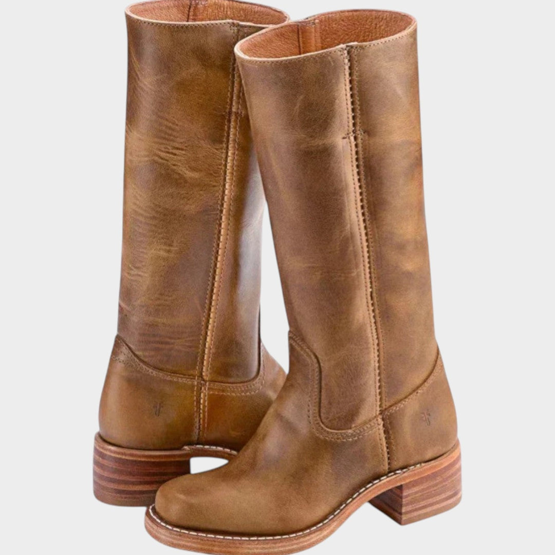 Women's Leather Knee High Boots Riding Low Block Heel