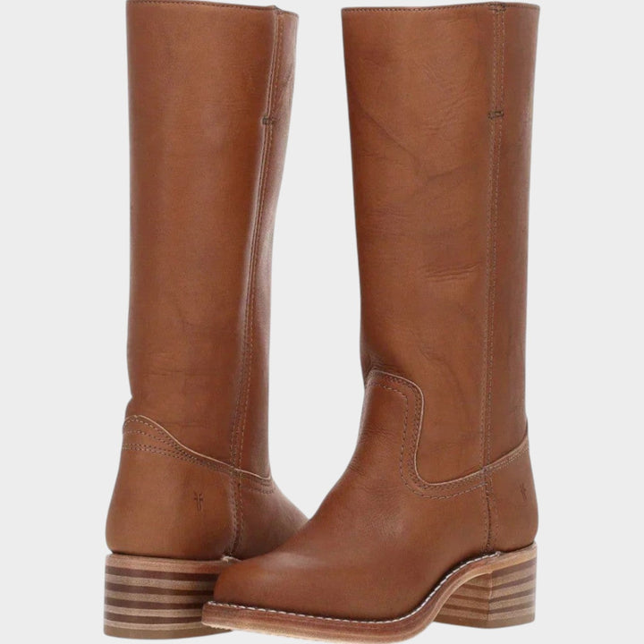 Women's Leather Knee High Boots Riding Low Block Heel