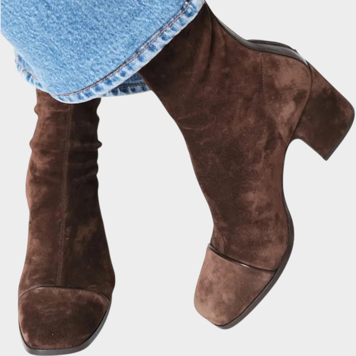 Women's Suede Ankle Boots Block Heel & Square Toe