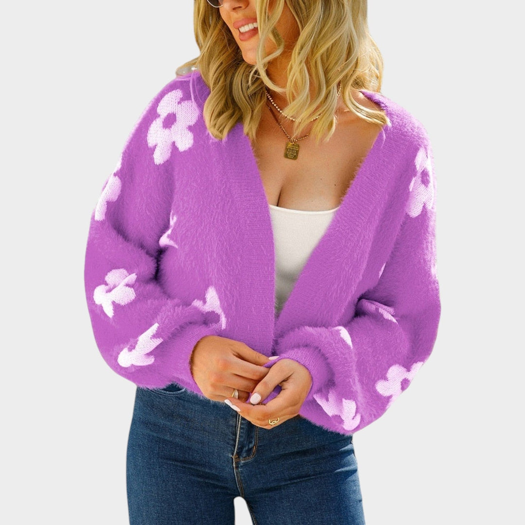 Women's Knit Cardigan Open Front Floral Print Cropped