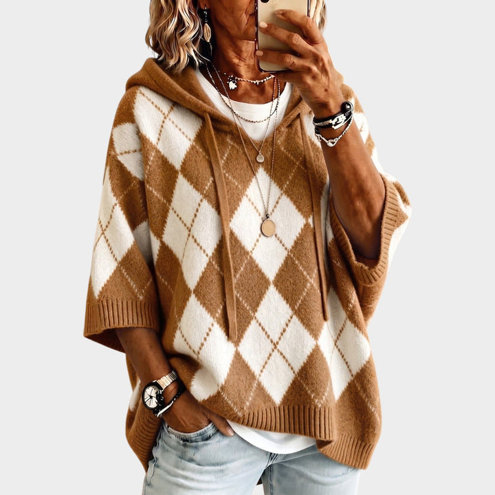 Women’s Chunky Knit Sweater Argyle Hooded Batwing Sleeve