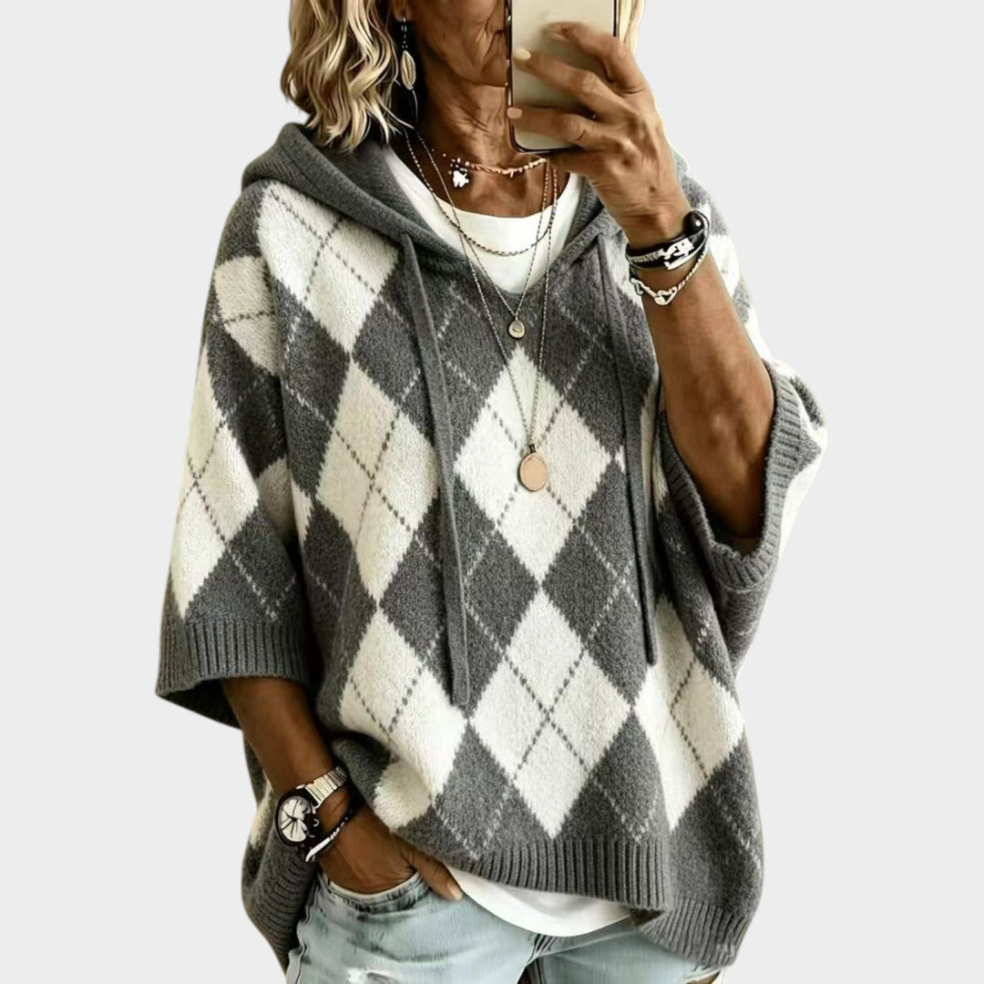 Women’s Chunky Knit Sweater Argyle Hooded Batwing Sleeve