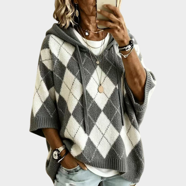 Women’s Chunky Knit Sweater Argyle Hooded Batwing Sleeve