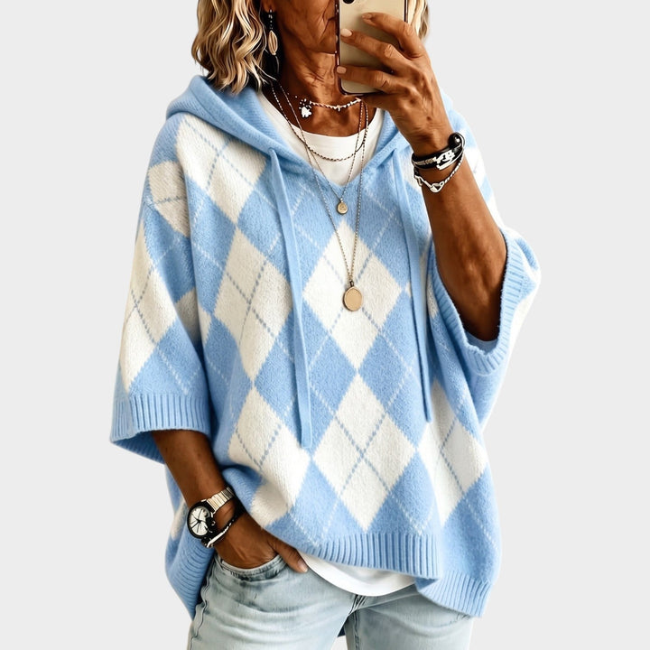 Women’s Chunky Knit Sweater Argyle Hooded Batwing Sleeve