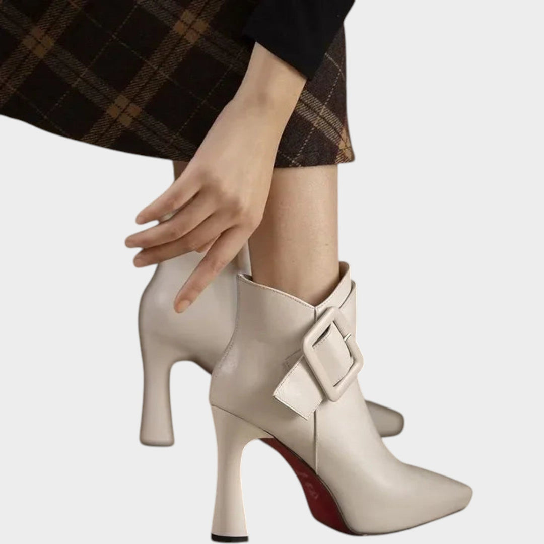 Women's Leather Ankle Boots High Heel Buckle Detail