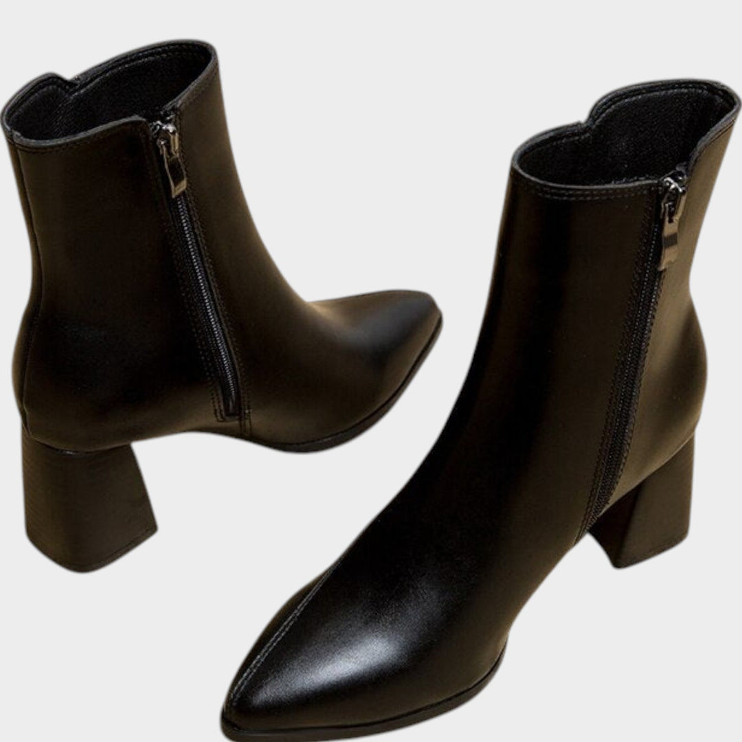 Women's Leather Ankle Boots Pointed Toe Block Heel